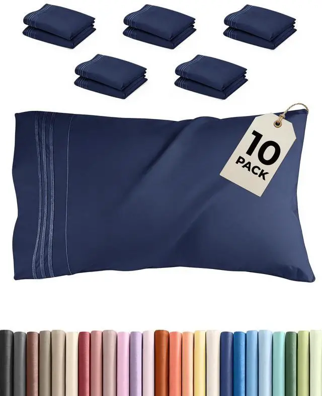 Main image of King Pillow Cases Set of 10 - Ultra Soft Hotel Quality Pillowcase Covers - Comfy. Cozy & Wrinkle Free - Shrink, Stain and Fade Resistant - Machine Washable Pillow Protectors - 10 Piece Set - Navy Blue