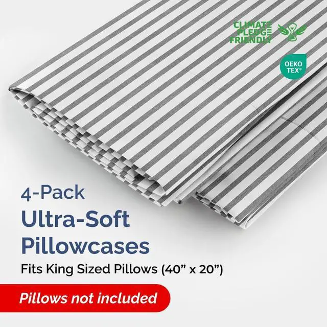 Alt view image 2 of 7 - King Pillow Cases Set of 4 - Ultra Soft Hotel Quality Pillowcase Covers - Comfy, Cozy & Wrinkle Free - Shrinkage and Fade Resistant - Machine Washable Pillow Protectors - 4 Piece Set - Grey Stripes 2