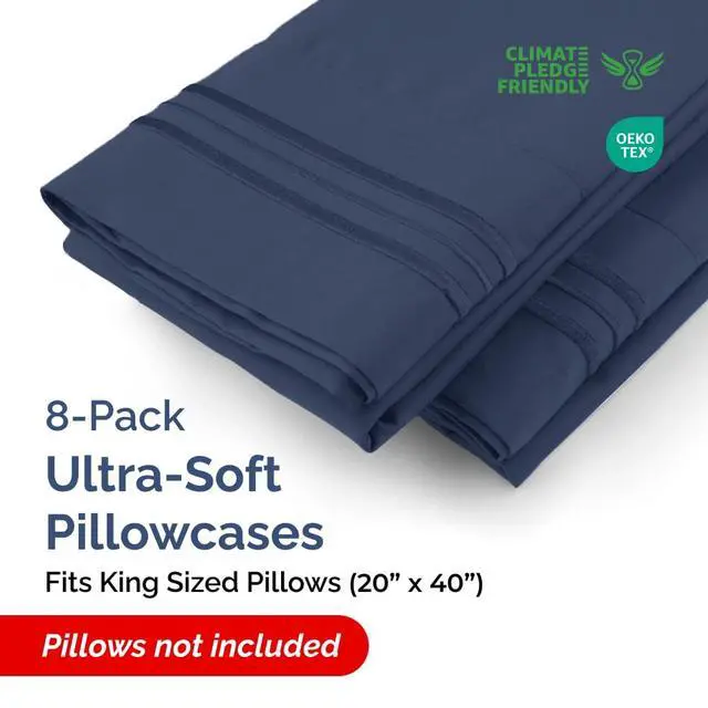 Alt view image 2 of 7 - King Pillow Cases Set of 8 - Ultra Soft Hotel Quality Pillowcase Covers - Comfy. Cozy & Wrinkle Free - Shrink, Stain and Fade Resistant - Machine Washable Pillow Protectors - 8 Piece Set - Navy Blue