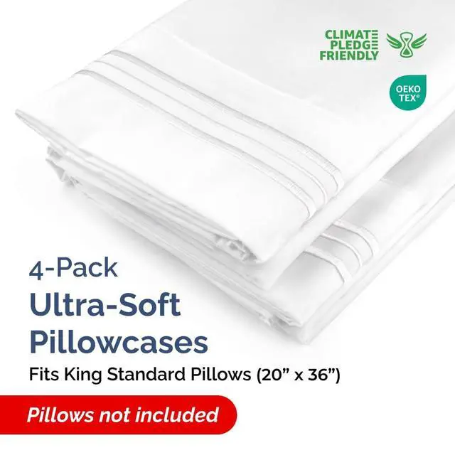 Alt view image 2 of 7 - King Standard Pillow Cases Set of 4 - Soft Hotel Quality Pillowcase Covers - Comfy Bedding for Women, Men, Kids & Teens - Machine Washable Pillow Protectors - 4 Piece Set - King Standard Size White