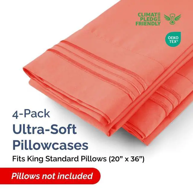 Alt view image 2 of 7 - King Standard Pillow Cases Set of 4 - Soft Hotel Quality Pillowcase Covers - Comfy Bedding for Women, Men, Kids & Teens - Machine Washable Pillow Protectors - 4 Piece Set - King Standard Size Coral