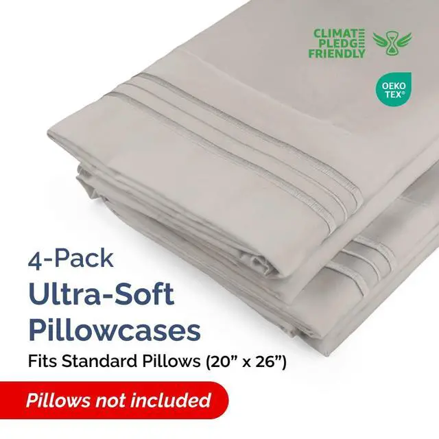 Alt view image 2 of 7 - Standard Pillow Cases Set of 4 - Ultra Soft Hotel Quality Pillowcase Covers - Comfy Bedding for Women, Men, Kids & Teens - Machine Washable Pillow Protectors - 4 Piece Set - Standard Size Light Grey