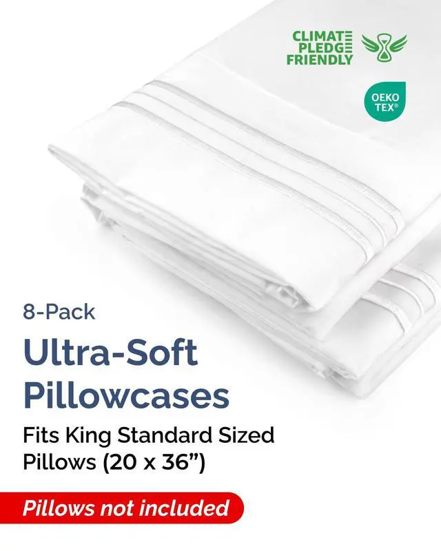 Alt view image 2 of 7 - King Standard Pillow Cases Set of 8 - Ultra Soft Hotel Quality Pillowcase Covers - Comfy & Wrinkle Free - Shrink & Fade Resistant - Easy-Care, Machine Washable Pillow Protectors - 8 Piece Set - White