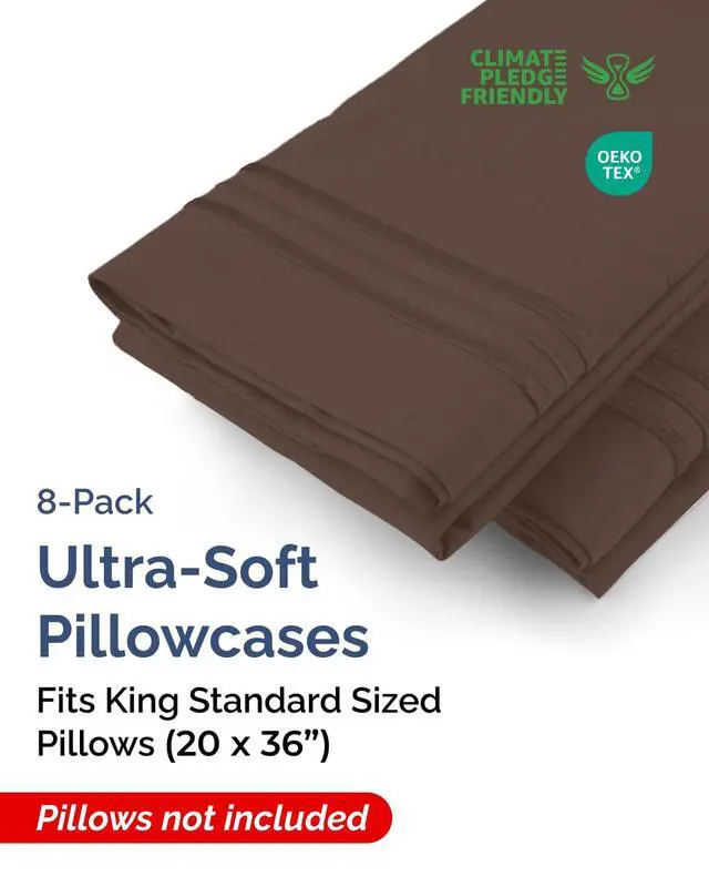 Alt view image 2 of 7 - King Standard Pillow Cases Set of 8 - Ultra Soft Hotel Quality Pillowcase Covers - Comfy & Wrinkle Free - Shrink & Fade Resistant - Easy-Care, Machine Washable Pillow Protectors - 8 Piece Set - Brown