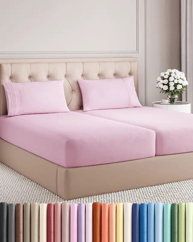 Main image of Split King Size 5 Piece Sheet Set - Comfy Breathable & Cooling Sheets - Hotel Luxury Bed Sheets for Women & Men - Deep Pockets, Easy-Fit, Soft & Wrinkle Free Sheets - Light Pink Oeko-Tex Bed Sheet Set