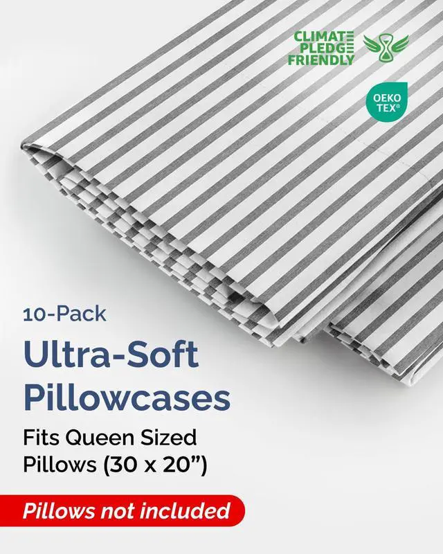 Alt view image 2 of 7 - Queen Pillow Cases Set of 10 - Ultra Soft Hotel Quality Pillowcase Covers - Comfy & Wrinkle Free - Stain & Fade Resistant - Easy-Care, Machine Washable Pillow Protectors - 10 Piece Set - Grey Stripes