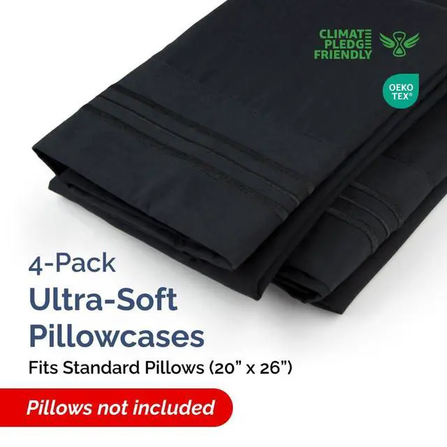 Alt view image 2 of 7 - Standard Pillow Cases Set of 4 - Ultra Soft Hotel Quality Pillowcase Covers - Comfy Cozy Bedding for Women, Men, Kids & Teens - Machine Washable Pillow Protectors - 4 Piece Set - Standard Size Black