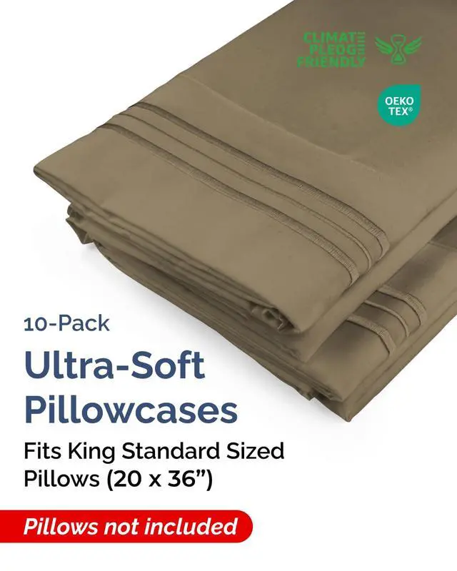 Alt view image 2 of 7 - King Standard Pillow Cases Set of 10 - Ultra Soft Hotel Quality Pillowcase Covers - Comfy & Wrinkle Free - Shrink, Stain and Fade Resistant - Machine Washable Pillow Protectors - 10 Piece Set - Khaki
