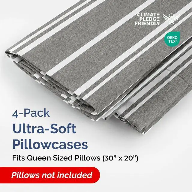 Alt view image 2 of 7 - Queen Pillow Cases Set of 4 - Ultra Soft Hotel Quality Pillowcase Covers - Comfy, Cozy & Wrinkle Free - Shrinkage and Fade Resistant - Machine Washable Pillow Protectors - 4 Piece Set - Grey Stripes 3