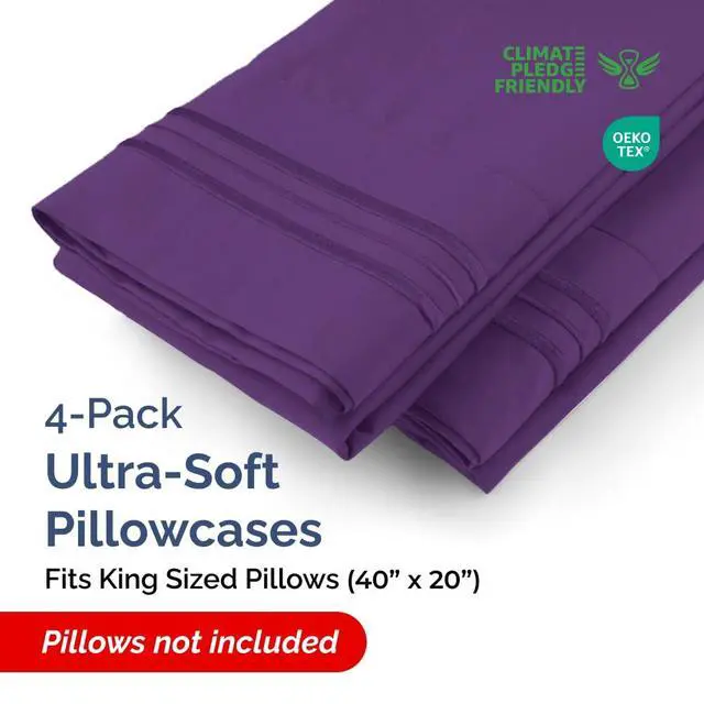 Alt view image 2 of 7 - King Pillow Cases Set of 4 - Ultra Soft Hotel Quality Pillowcase Covers - Comfy, Cozy & Wrinkle Free - Shrinkage, Stain and Fade Resistant - Machine Washable Pillow Protectors - 4 Piece Set - Purple