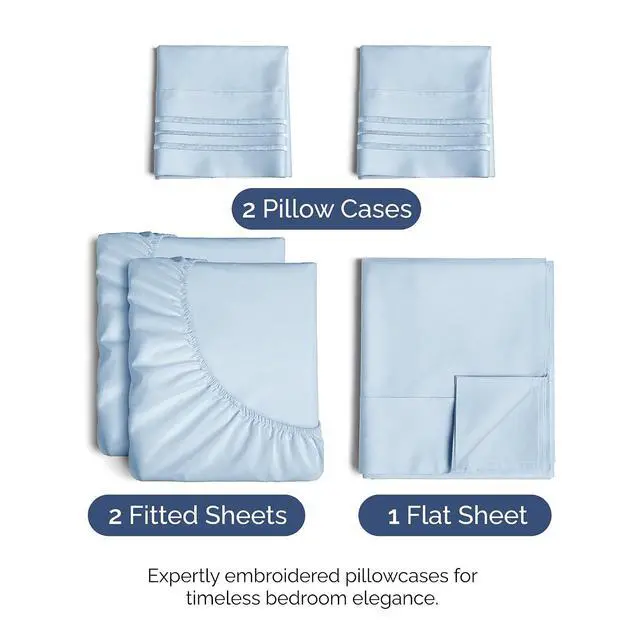 Alt view image 2 of 7 - Split King Size 5 Piece Sheet Set - Comfy Breathable & Cooling Sheets - Hotel Luxury Bed Sheets for Women & Men - Deep Pockets, Easy-Fit, Soft & Wrinkle Free Sheets - Sky Blue Oeko-Tex Bed Sheet Set