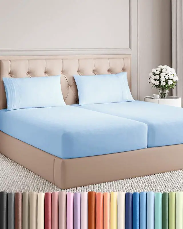 Main image of Split King Size 5 Piece Sheet Set - Comfy Breathable & Cooling Sheets - Hotel Luxury Bed Sheets for Women & Men - Deep Pockets, Easy-Fit, Soft & Wrinkle Free Sheets - Light Blue Oeko-Tex Bed Sheet Set