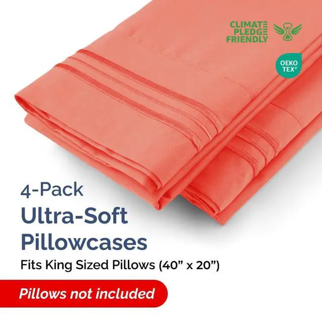 Alt view image 2 of 7 - King Pillow Cases Set of 4 - Ultra Soft Hotel Quality Pillowcase Covers - Comfy, Cozy & Wrinkle Free - Shrinkage, Stain and Fade Resistant - Machine Washable Pillow Protectors - 4 Piece Set - Coral