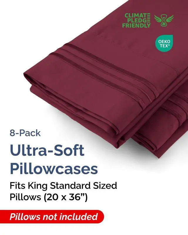Alt view image 2 of 7 - King Standard Pillow Cases Set of 8 - Ultra Soft Hotel Quality Pillowcase Covers - Cozy & Wrinkle Free - Shrink, Stain and Fade Resistant - Machine Washable Pillow Protectors - 8 Piece Set - Burgundy