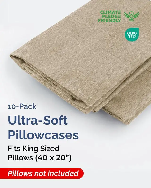 Alt view image 2 of 7 - King Pillow Cases Set of 10 - Ultra Soft Hotel Quality Pillowcase Covers - Cozy & Wrinkle Free - Shrink, Stain and Fade Resistant - Machine Washable Pillow Protectors - 10 Piece Set - Heathered Beige