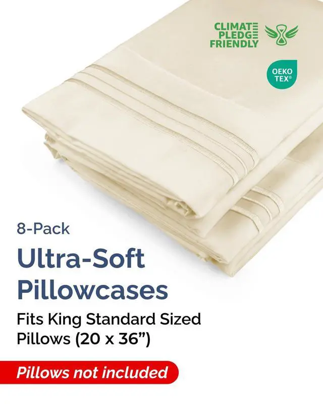 Alt view image 2 of 7 - King Standard Pillow Cases Set of 8 - Ultra Soft Hotel Quality Pillowcase Covers - Comfy & Wrinkle Free - Wrinkle & Fade Resistant - Soft, Machine Washable Pillow Protectors - 8 Piece Set - Off White