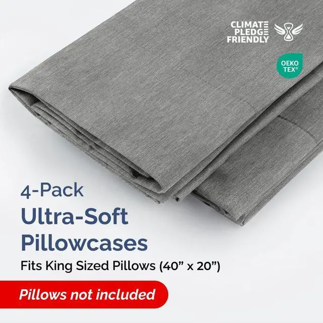 Alt view image 2 of 7 - King Pillow Cases Set of 4 - Ultra Soft Hotel Quality Pillowcase Covers - Comfy, Cozy & Wrinkle Free - Shrinkage and Fade Resistant - Machine Washable Pillow Protectors - 4 Piece Set - Heathered Grey