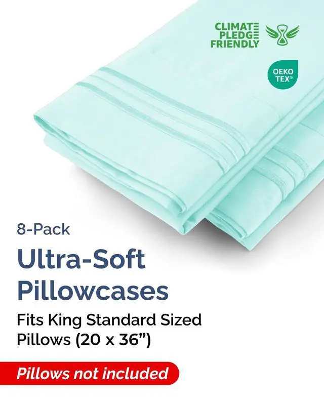 Alt view image 2 of 7 - King Standard Pillow Cases Set of 8 - Ultra Soft Hotel Quality Pillowcase Covers - Cozy & Wrinkle Free - Shrink, Stain and Fade Resistant - Machine Washable Pillow Protectors - 8 Piece Set - Spa Blue