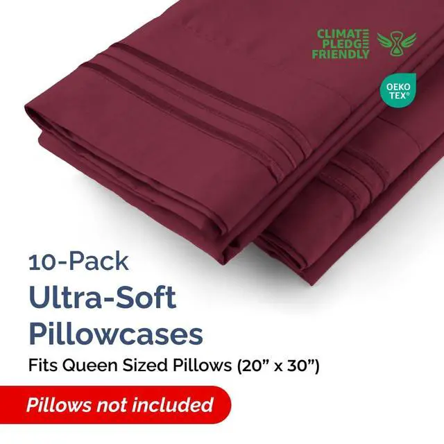 Alt view image 2 of 7 - Queen Pillow Cases Set of 10 - Ultra Soft Hotel Quality Pillowcase Covers - Comfy, Cozy & Wrinkle Free - Shrink, Stain and Fade Resistant - Machine Washable Pillow Protectors - 10 Pcs Set - Burgundy