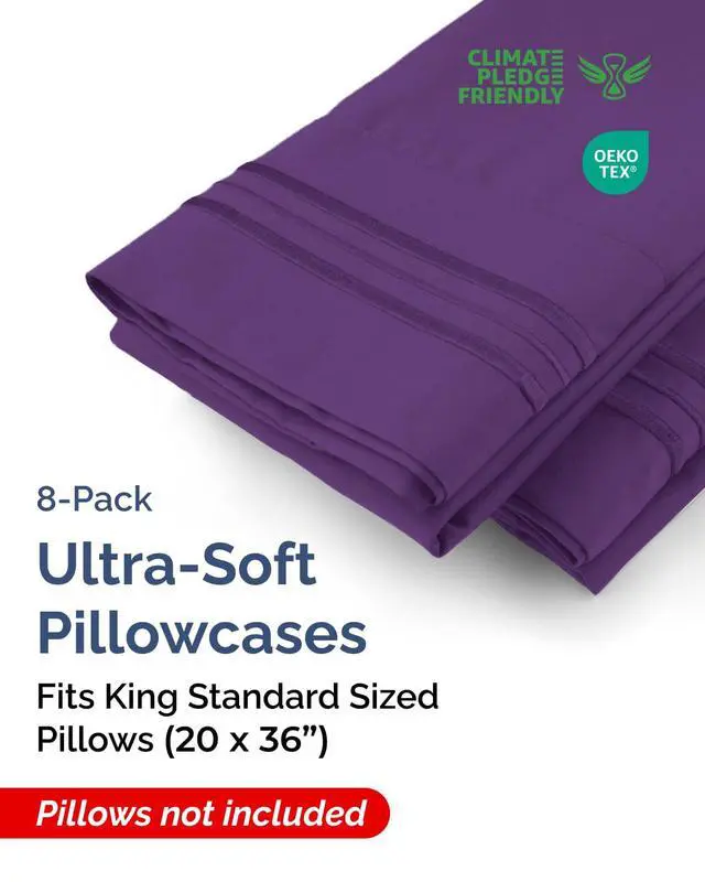 Alt view image 2 of 7 - King Standard Pillow Cases Set of 8 - Ultra Soft Hotel Quality Pillowcase Covers - Comfy & Wrinkle Free - Stain & Fade Resistant - Easy-Care, Machine Washable Pillow Protectors - 8 Piece Set - Purple