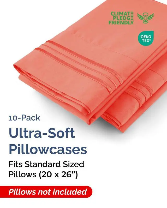 Alt view image 2 of 7 - Standard Pillow Cases Set of 10 - Ultra Soft Hotel Quality Pillowcase Covers - Cozy & Wrinkle Free - Shrink, Stain and Fade Resistant - Soft, Machine Washable Pillow Protectors - 10 Piece Set - Coral
