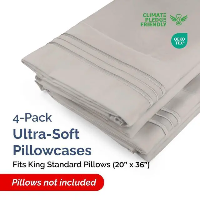 Alt view image 2 of 7 - King Standard Pillow Cases Set of 4 - Soft Hotel Quality Pillowcase Covers - Comfy Bedding for Women, Men, Kids & Teens - Machine Washable Pillow Protectors - 4 Piece Set - King Standard Light Grey