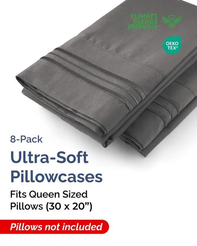 Alt view image 2 of 7 - Queen Pillow Cases Set of 8 - Ultra Soft Hotel Quality Pillowcase Covers - Comfy & Wrinkle Free - Stain & Fade Resistant - Soft, Easy-Care, Machine Washable Pillow Protectors - 8 Piece Set - Charcoal