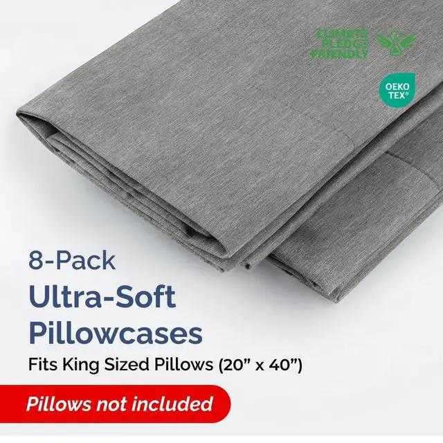 Alt view image 2 of 7 - King Pillow Cases Set of 8 - Ultra Soft Hotel Quality Pillowcase Covers - Comfy & Wrinkle Free - Shrink, Stain and Fade Resistant - Machine Washable Pillow Protectors - 8 Piece Set - Heathered Grey