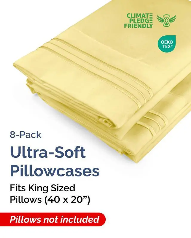 Alt view image 2 of 7 - King Pillow Cases Set of 8 - Ultra Soft Hotel Quality Pillowcase Covers - Cozy & Wrinkle Free - Shrink, Stain and Fade Resistant - Easy-Care, Machine Washable Pillow Protectors - 8 Piece Set - Yellow