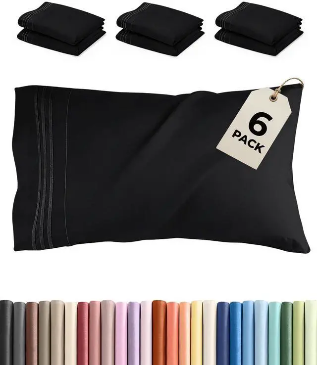 Main image of King Pillow Cases Set of 6 - Ultra Soft Hotel Quality Pillowcase Covers - Comfy & Wrinkle Free - Shrink, Stain and Fade Resistant - Easy-Care, Machine Washable Pillow Protectors - 6 Piece Set - Black