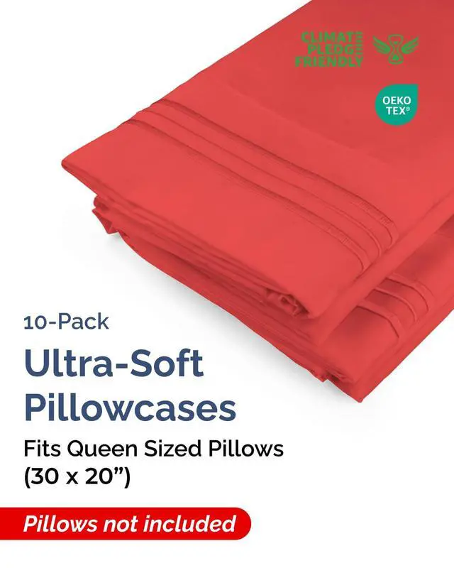 Alt view image 2 of 7 - Queen Pillow Cases Set of 10 - Ultra Soft Hotel Quality Pillowcase Covers - Cozy & Wrinkle Free - Shrink, Stain and Fade Resistant - Easy-Care, Machine Washable Pillow Protectors - 10 Piece Set - Red