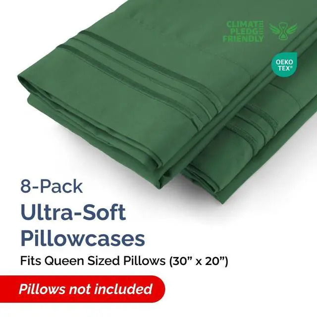 Alt view image 2 of 7 - Queen Pillow Cases Set of 8 - Ultra Soft Hotel Quality Pillowcase Covers - Comfy & Wrinkle Free - Shrink & Fade Resistant - Easy-Care, Machine Washable Pillow Protectors - 8 Piece Set - Emerald Green