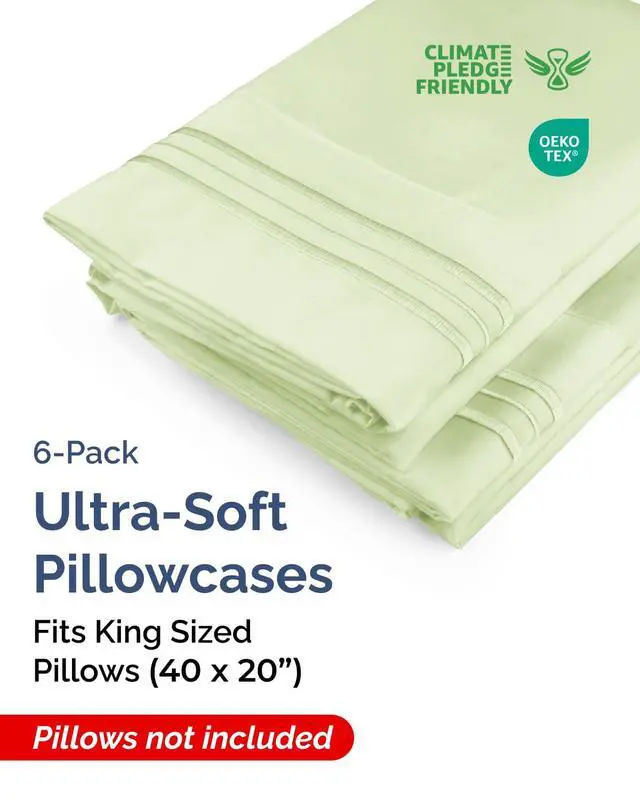 Alt view image 2 of 7 - King Pillow Cases Set of 6 - Ultra Soft Hotel Quality Pillowcase Covers - Comfy & Wrinkle Free - Shrink, Stain and Fade Resistant - Machine Washable Pillow Protectors - 6 Piece Set - Light Sage Green