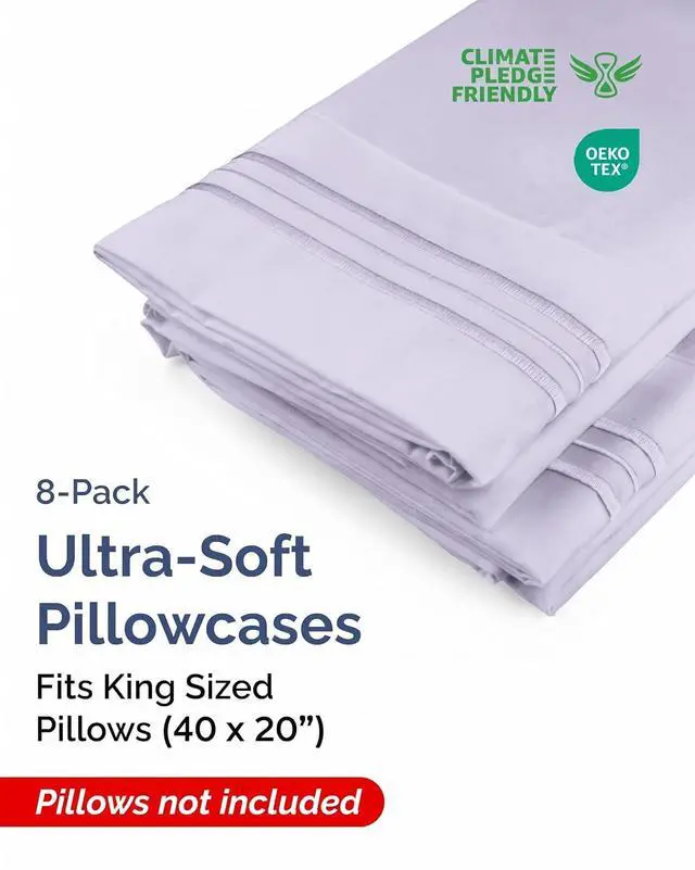 Alt view image 2 of 7 - King Pillow Cases Set of 8 - Ultra Soft Hotel Quality Pillowcase Covers - Comfy & Wrinkle Free - Shrink & Fade Resistant - Easy-Care, Machine Washable Pillow Protectors - 8 Piece Set - Light Lavender