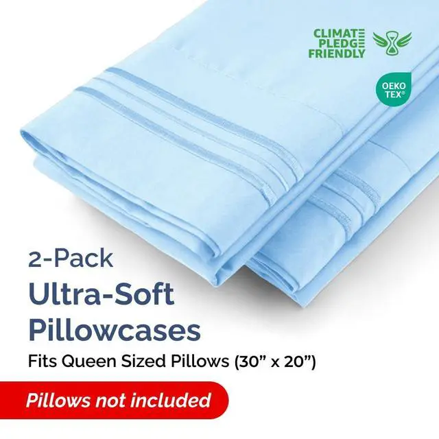 Alt view image 2 of 7 - Queen Pillow Cases Set of 2 - Ultra Soft Hotel Quality Pillowcase Covers - Comfy, Cozy & Wrinkle Free - Shrink, Stain & Fade Resistant - Machine Washable Pillow Protectors - 2 Piece Set - Light Blue