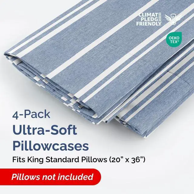 Alt view image 2 of 7 - King Standard Pillow Cases Set of 4 - Soft Hotel Quality Pillowcase Covers - Comfy Bedding for Women, Men, Kids & Teens - Machine Washable Pillow Protectors - 4 Piece Set - King Standard Blue Stripes