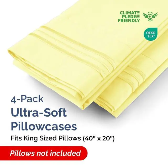 Alt view image 2 of 7 - King Pillow Cases Set of 4 - Ultra Soft Hotel Quality Pillowcase Covers - Comfy, Cozy & Wrinkle Free - Shrinkage, Stain and Fade Resistant - Machine Washable Pillow Protectors - 4 Piece Set - Yellow