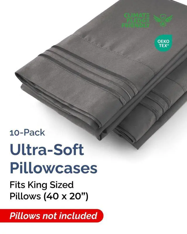 Alt view image 2 of 7 - King Pillow Cases Set of 10 - Ultra Soft Hotel Quality Pillowcase Covers - Comfy & Wrinkle Free - Shrink, Stain and Fade Resistant - Soft, Machine Washable Pillow Protectors - 10 Piece Set - Charcoal