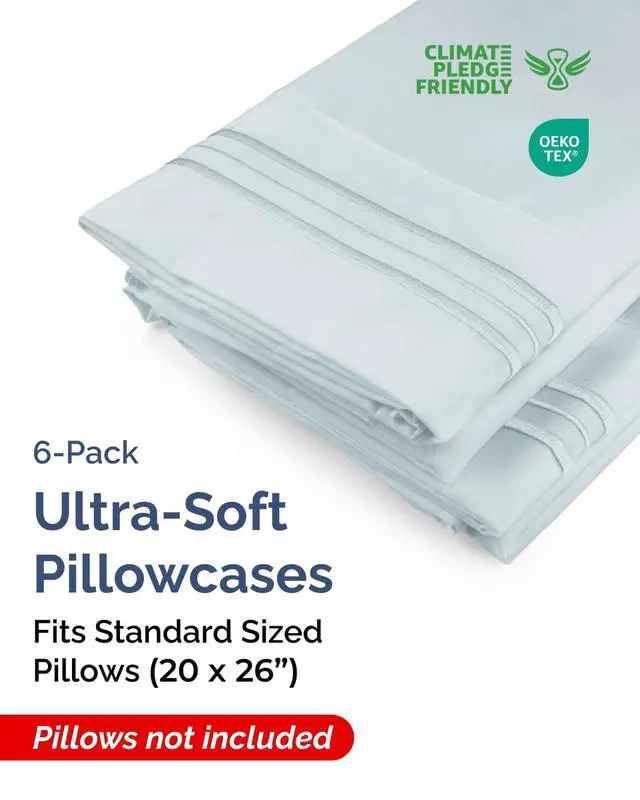 Alt view image 2 of 7 - Standard Pillow Cases Set of 6 - Ultra Soft Hotel Quality Pillowcase Covers - Comfy & Wrinkle Free - Shrink, Stain & Fade Resistant - Soft, Machine Washable Pillow Protectors - 6 Piece Set - Sky Blue