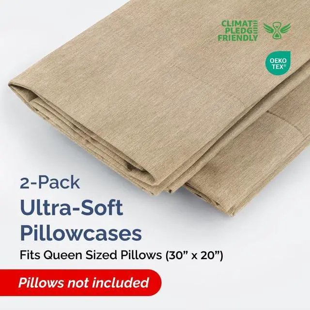 Alt view image 2 of 7 - Queen Pillow Cases Set of 2 - Ultra Soft Hotel Quality Pillowcase Covers - Comfy, Cozy & Wrinkle Free - Shrinkage and Fade Resistant - Machine Washable Pillow Protectors - 2 Piece Set - Heathered Tan