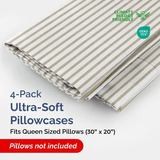 Alt view image 2 of 7 - Queen Pillow Cases Set of 4 - Ultra Soft Hotel Quality Pillowcase Covers - Comfy, Cozy & Wrinkle Free - Shrinkage & Fade Resistant - Machine Washable Pillow Protectors - 4 Piece Set - Beige Stripes 2