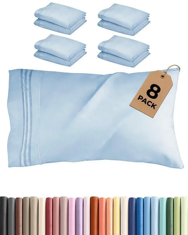 Main image of Queen Pillow Cases Set of 8 - Ultra Soft Hotel Quality Pillowcase Covers - Comfy, Cozy & Wrinkle Free - Shrink, Stain & Fade Resistant - Machine Washable Pillow Protectors - 8 Piece Set - Light Blue