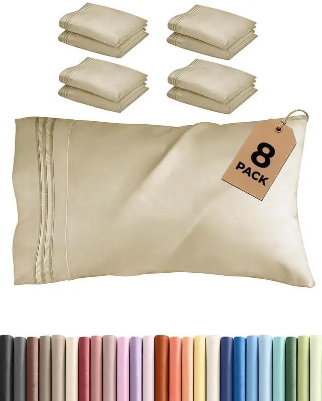 Main image of Queen Pillow Cases Set of 8 - Ultra Soft Hotel Quality Pillowcase Covers - Comfy & Wrinkle Free - Shrink, Stain and Fade Resistant - Easy-Care, Machine Washable Pillow Protectors - 8 Pcs Set - Beige
