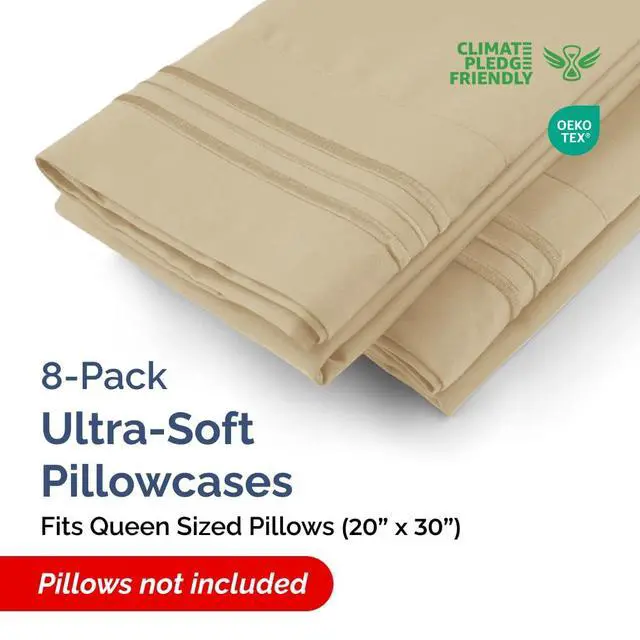 Alt view image 2 of 7 - Queen Pillow Cases Set of 8 - Ultra Soft Hotel Quality Pillowcase Covers - Comfy & Wrinkle Free - Shrink, Stain and Fade Resistant - Easy-Care, Machine Washable Pillow Protectors - 8 Pcs Set - Beige