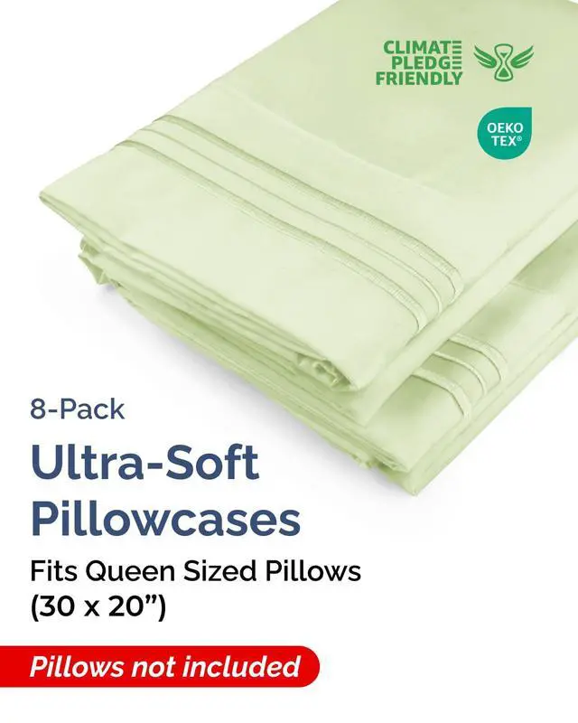 Alt view image 2 of 7 - Queen Pillow Cases Set of 8 - Ultra Soft Hotel Quality Pillowcase Covers - Cozy & Wrinkle Free - Shrink, Stain and Fade Resistant - Machine Washable Pillow Protectors - 8 Piece Set - Light Sage Green