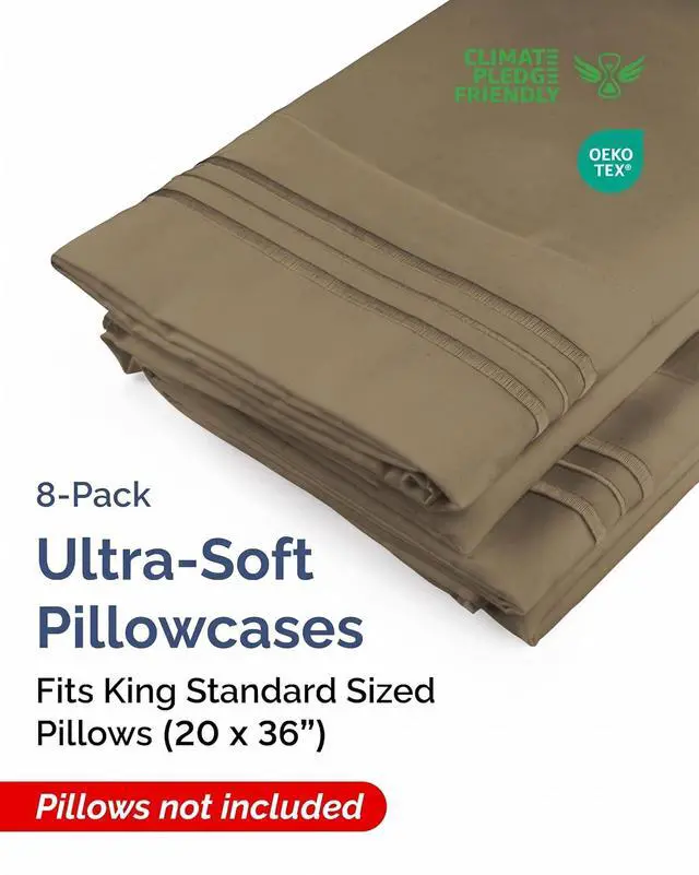 Alt view image 2 of 7 - King Standard Pillow Cases Set of 8 - Ultra Soft Hotel Quality Pillowcase Covers - Comfy & Wrinkle Free - Shrink & Fade Resistant - Easy-Care, Machine Washable Pillow Protectors - 8 Piece Set - Khaki