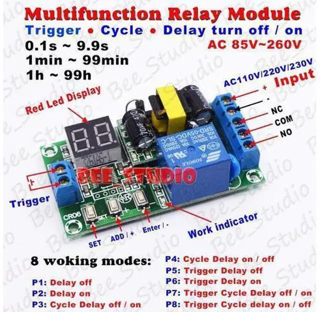Main image of AC 110V 220V 230V Digital LED Cycle Delay turn ON/OFF Switch Timer Relay Module 8 modes