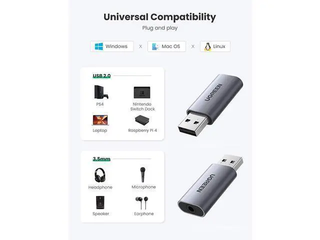 Alt view image 2 of 7 - UGREEN USB Audio Adapter External Sound Card USB Headphone Jack with Integrated 3.5mm Microphone Audio Jack for PS5 PS4, Raspberry Pi, PC, Laptop
