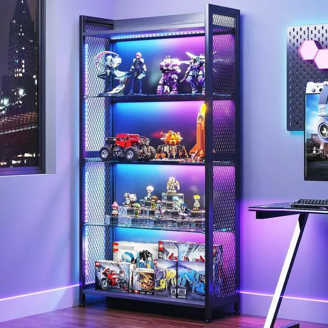 Main image of AODK Display Case with Glass Shelves, 4-Tier Display Cabinet with RGB Lights and Industrial Metal Mesh, Black Display Shelf