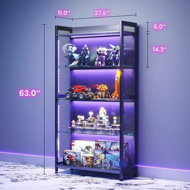 Alt view image 2 of 7 - AODK Display Case with Glass Shelves, 4-Tier Display Cabinet with RGB Lights and Industrial Metal Mesh, Black Display Shelf